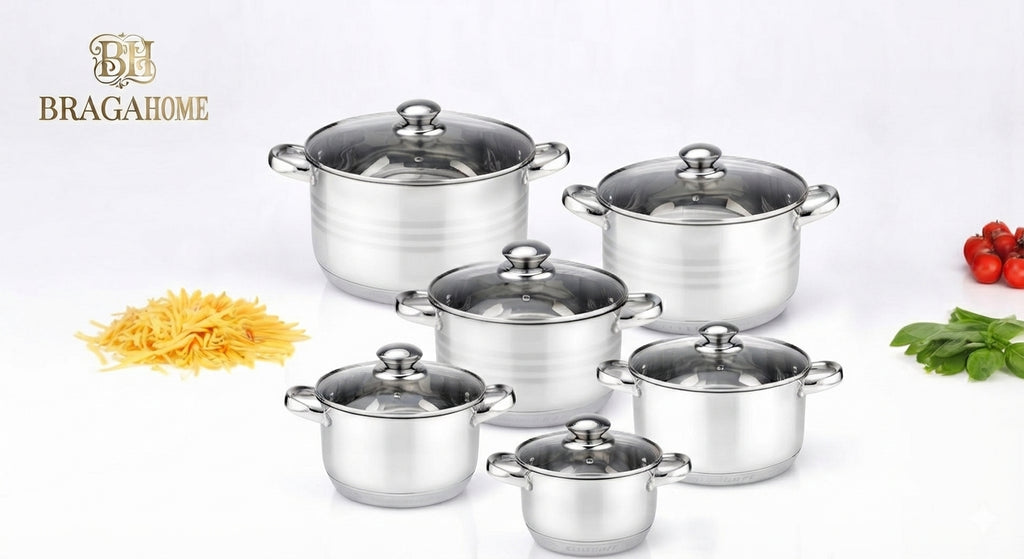 Conjunto Cozinha em Aço Inoxidável de 12 Peças com Tampas – Compatível com Todos os Tipos de Fogão