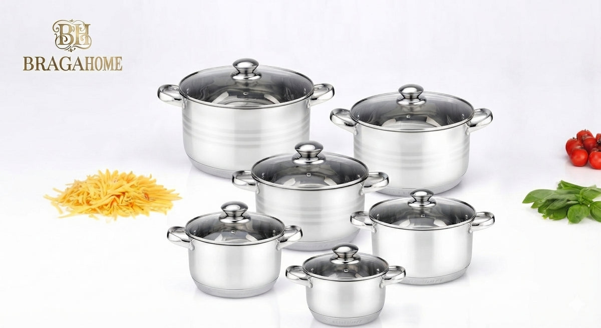 Conjunto Cozinha em Aço Inoxidável de 12 Peças com Tampas – Compatível com Todos os Tipos de Fogão