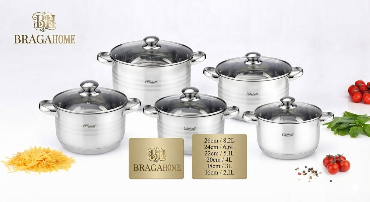 Conjunto Cozinha em Aço Inoxidável de 12 Peças com Tampas – Compatível com Todos os Tipos de Fogão